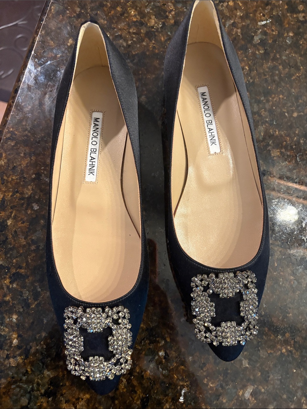Manolo Blahnik Navy Crystal-Embellished Pointed-Toe Flats